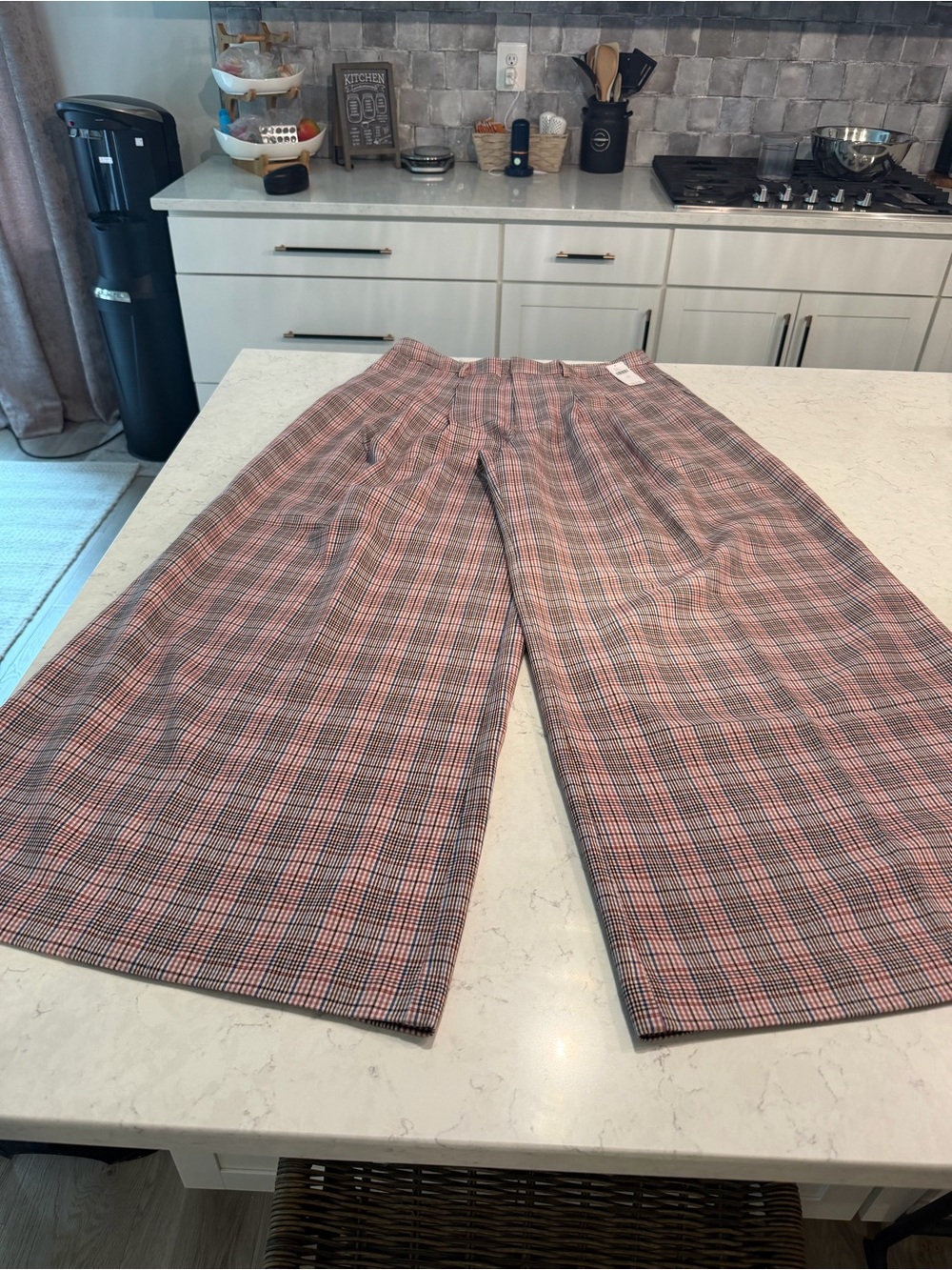 Maeve Pink and Gray Plaid Wide-Leg Pants